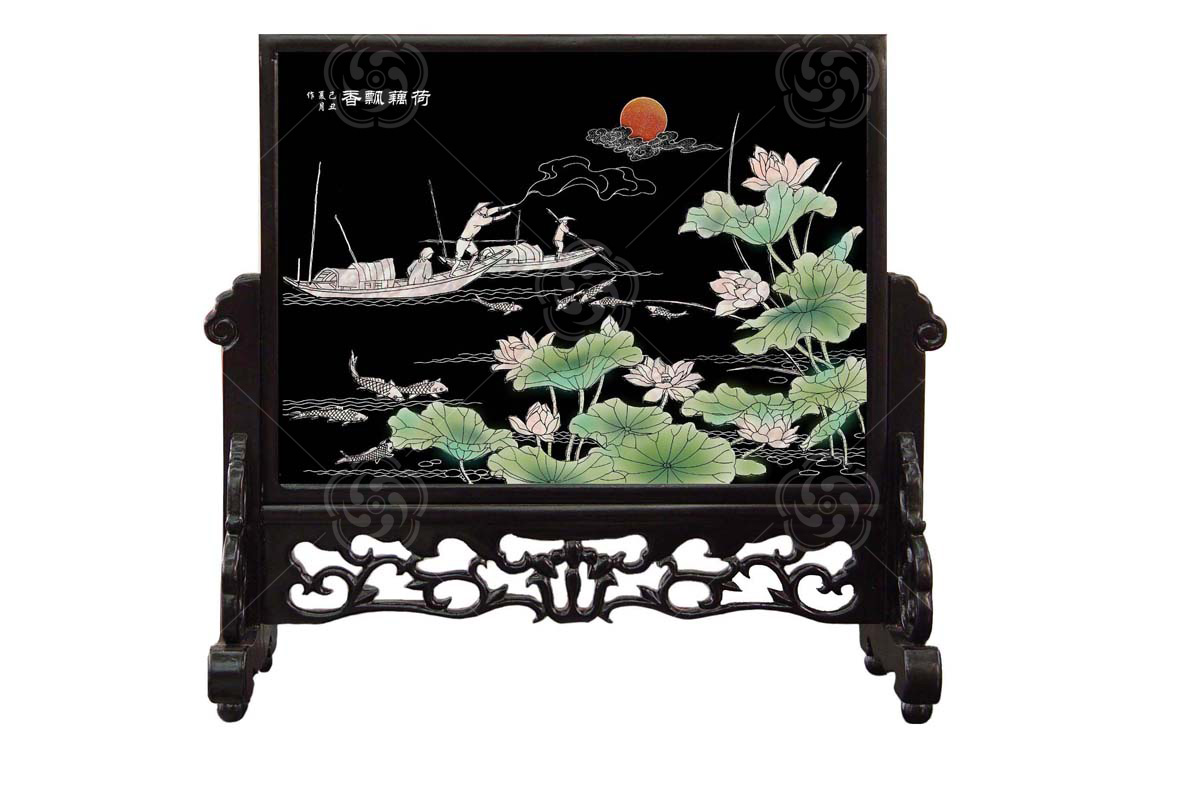 平磨螺鈿《荷藕飄香》臺(tái)屏